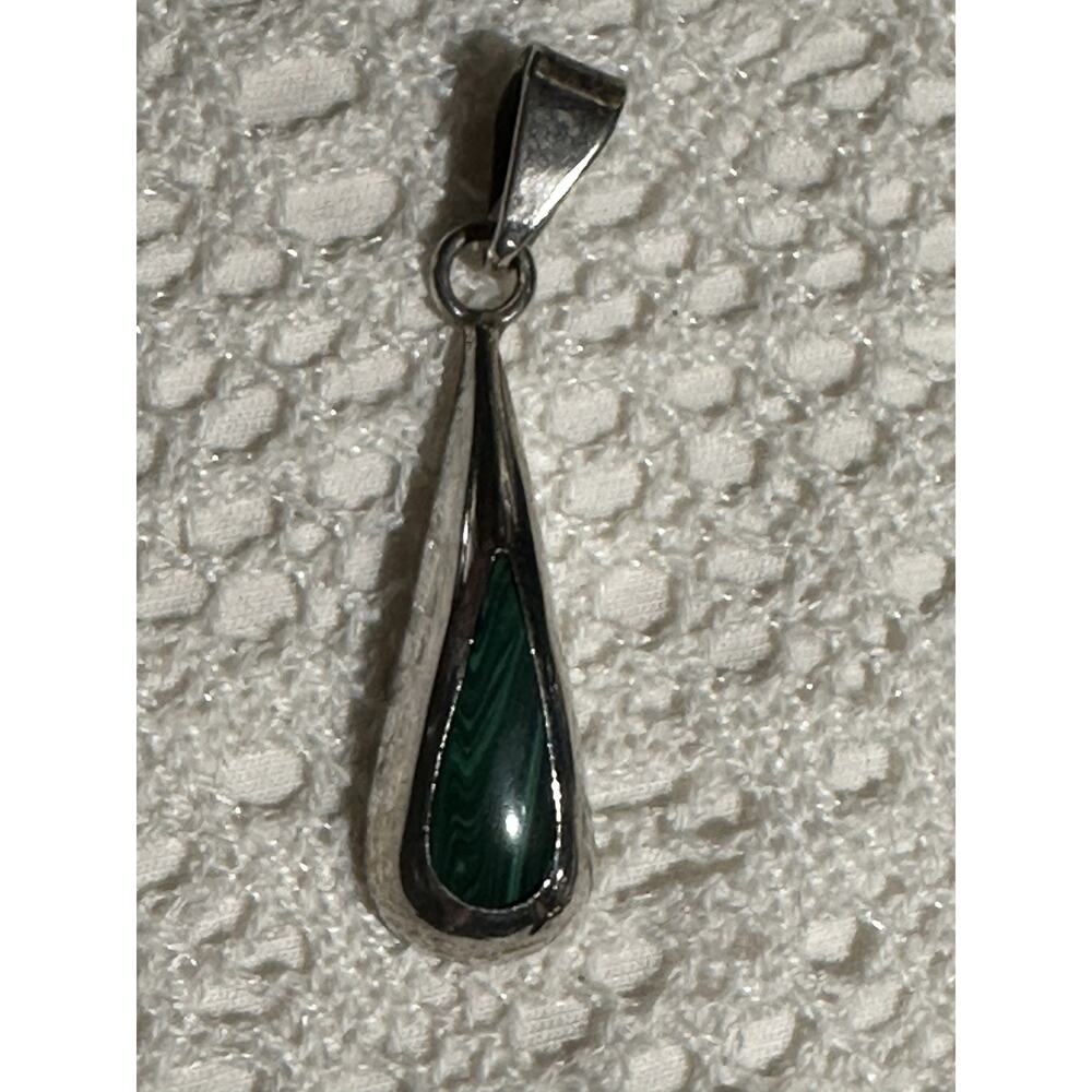 Vintage Taxco Mexico 925 Sterling Silver Malachite Teardrop Pendant TH-31 Green